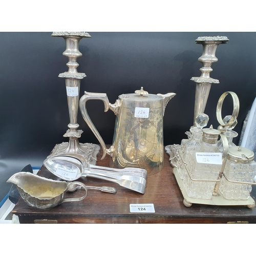 124 - Plated Items: pair Candlesticks on shaped square bases two oval entree Dishes & covers, Cruet, Hot W... 