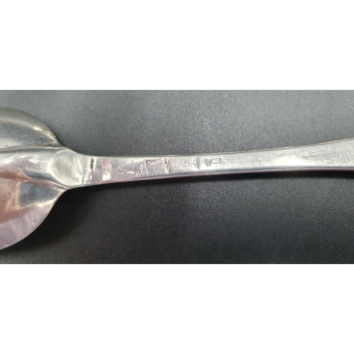 127 - An early Georgian silver bottom marked  Dessert Spoon, hanoverian pattern with rat tail bowl, engrav... 