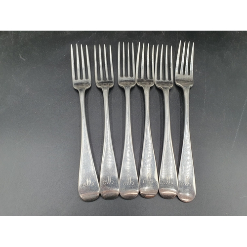 133 - Six Georgian silver Dinner Forks, old English pattern, engraved initial W, marks worn,  365gms