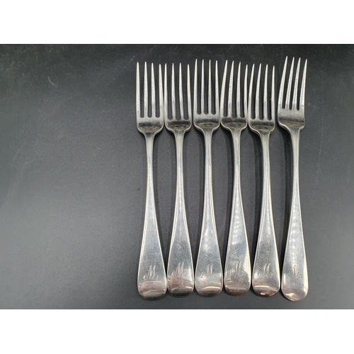 133 - Six Georgian silver Dinner Forks, old English pattern, engraved initial W, marks worn,  365gms