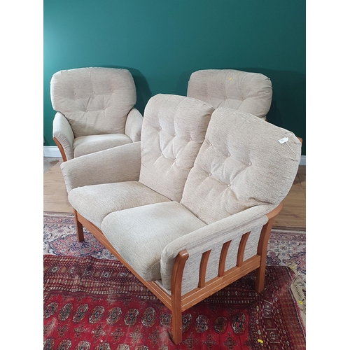 14 - A Modern beech framed Cottage Three Piece Suite with beige button back upholstery, two Armchairs and... 