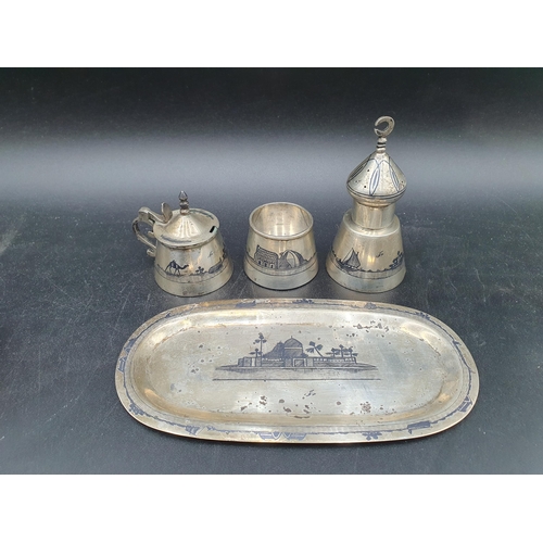 141 - A Niello three piece Condiment Set on oval Tray decorated camels, sailing vessels, etc, and six silv... 