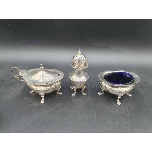 141 - A Niello three piece Condiment Set on oval Tray decorated camels, sailing vessels, etc, and six silv... 