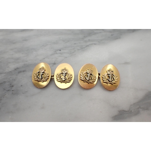 162 - A pair of 9ct gold oval Cufflinks with applied Royal Navy crest, approx 9.90gms