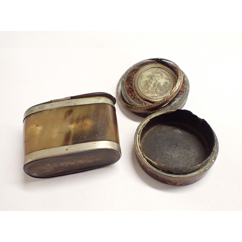 178 - An oval horn Snuff Box with white metal mounts, 3in wide x 2 1/4in high and a circular papier maché ... 