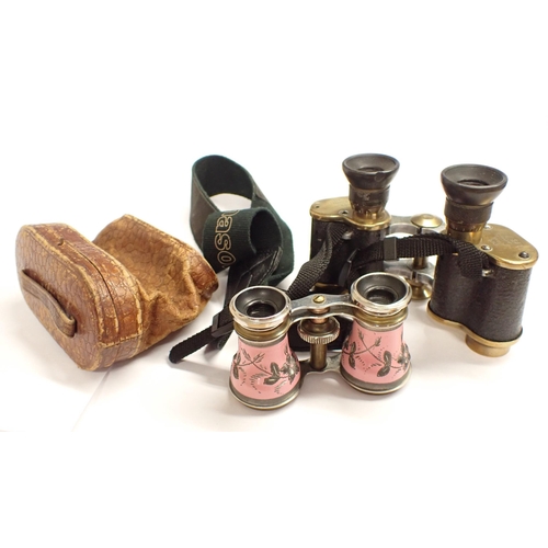 180 - A pair of Oigee, Berlin Binoculars and a pair of vintage Opera Glasses with pink enamel decoration