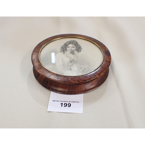 199 - A burr walnut circular Box with monochrome print of young woman to lid, 4in diameter