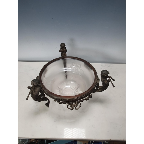 225 - A bronzed and etched glass Ceiling Light Bowl with mounts of cherubs playing pipes and ribbon design... 