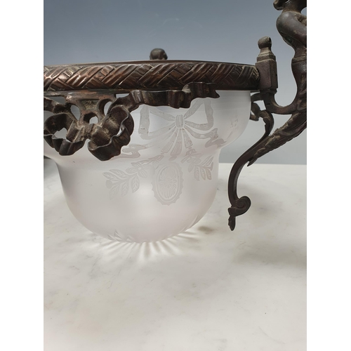 225 - A bronzed and etched glass Ceiling Light Bowl with mounts of cherubs playing pipes and ribbon design... 