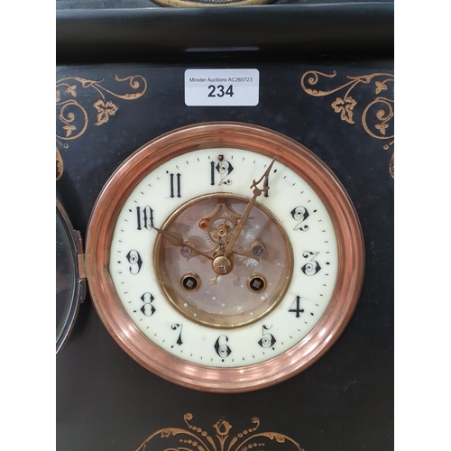 234 - A slate and variegated French Mantel Clock with applied decoration and French striking movement, 20