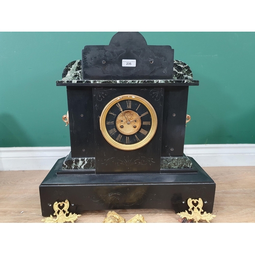 235 - A slate and variegated marble Mantel Clock with French striking movement, applied metal mounts unatt... 