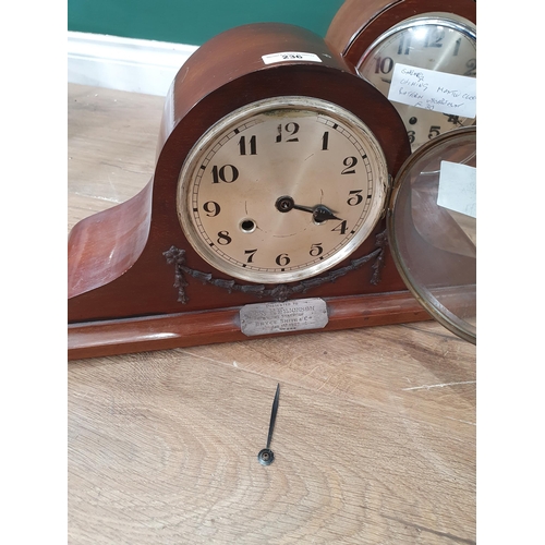 236 - A mahogany cased Mantel Clock, a German striking Manel Clock, a small modern Mantel Clock, a box of ... 