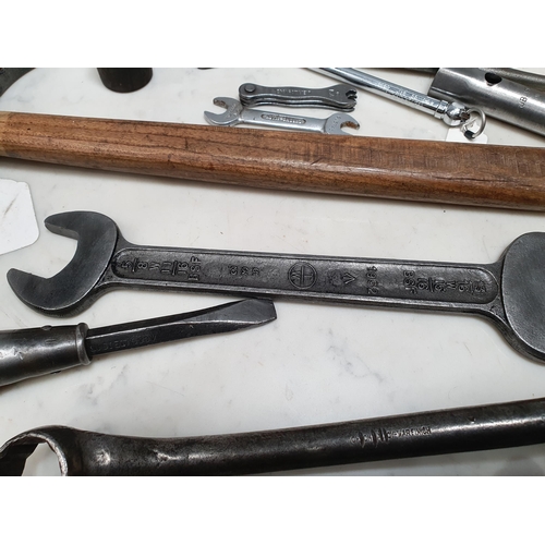 239 - A box of assorted Tools marked with the Broad Arrow, including Sockets, a Hammer, large Spanner and ... 