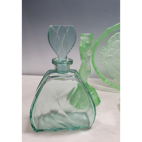 301 - A green glass Dressing Table Set with mermaid design, a large perfume Display Bottle and Stopper, 9i... 