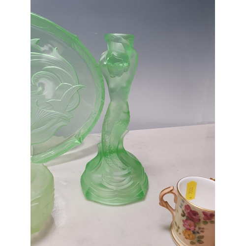 301 - A green glass Dressing Table Set with mermaid design, a large perfume Display Bottle and Stopper, 9i... 