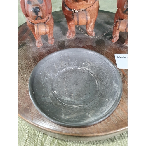 32 - A wooden Ashtray with three carved St Bernards with small pewter Norwegian Dish with Viking Longship... 