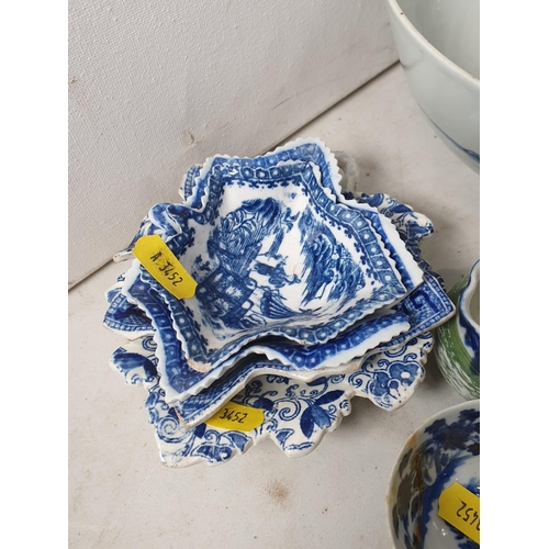 328 - A quantity of blue and white items including Chinese Bowl, A/F, a Cake Stand, pickle Leaf Dishes, Te... 