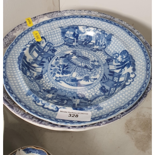 328 - A quantity of blue and white items including Chinese Bowl, A/F, a Cake Stand, pickle Leaf Dishes, Te... 