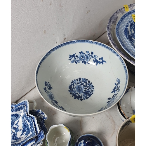 328 - A quantity of blue and white items including Chinese Bowl, A/F, a Cake Stand, pickle Leaf Dishes, Te... 