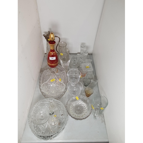 382 - A quantity of Glassware including a Dressing Table Set, a plated mounted Ewer, Bowls, Baskets etc