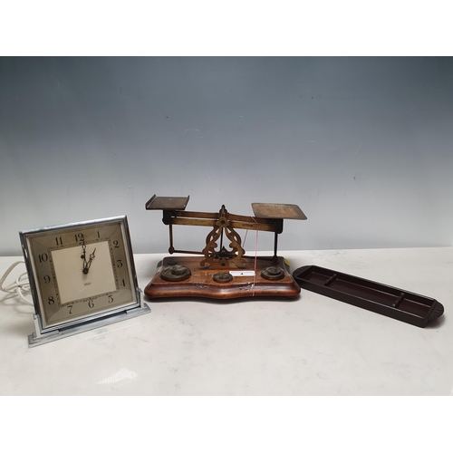 4 - A set of brass and mahogany Postal Scales, 11in W, a Smith Electric Mantel Clock (failed PAT, faulty... 