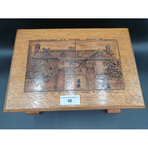 49 - An old Oak Box with pen and poker work decoration deplicting The deanery House, Horsefair, signed A.... 