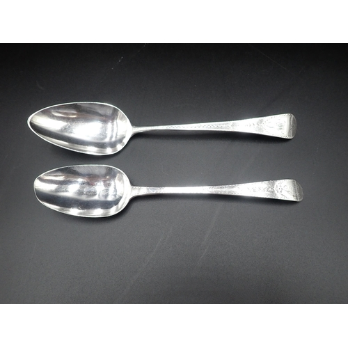 52 - Two George III silver Table Spoons, old English pattern with bright-cut decoration and engraved init... 