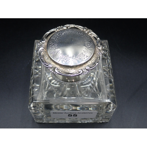 55 - An Edward VII silver lidded and mounted heavy square cut glass Inkwell with floral engraving and scr... 