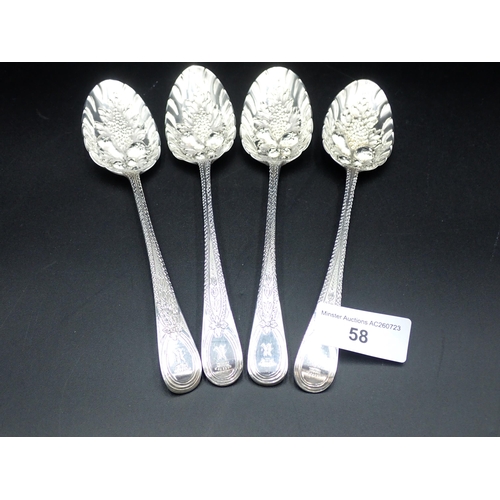 58 - Four George III silver Berry Spoons with fruit embossed bowls, decorative stems engraved crowned K c... 