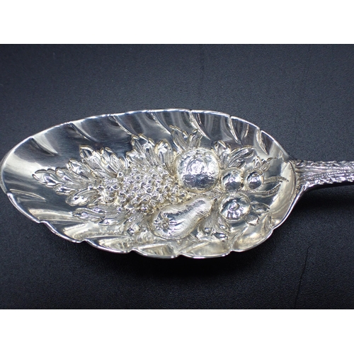 58 - Four George III silver Berry Spoons with fruit embossed bowls, decorative stems engraved crowned K c... 