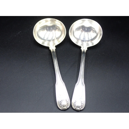 65 - A pair of George III silver Sauce Ladles, fiddle thread and shell pattern, engraved initials, London... 