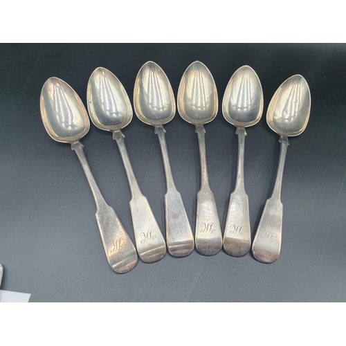 69 - Six George IV silver Table Spoons fiddle pattern, engraved initial J.K, Glasgow 1829, maker: Wm Hann... 