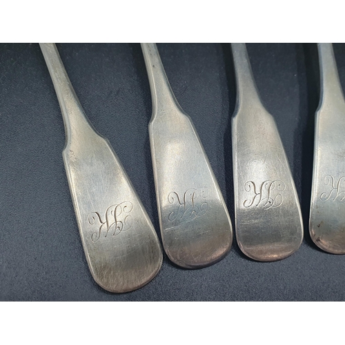 70 - Six George IV silver Dessert Spoons, fiddle pattern engraved initials J.K., Glasgow 1829, maker: Wm ... 