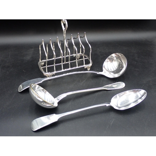 86 - A Large silver plated seven plated bar Toast Rack, a Basting Spoon, fiddle pattern and two Soup Ladl... 