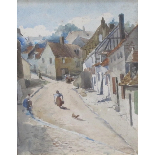 411 - HARVEY. A street scene with figures, signed and dated 99, watercolour, 14 x 12in; a sampler (faded) ... 