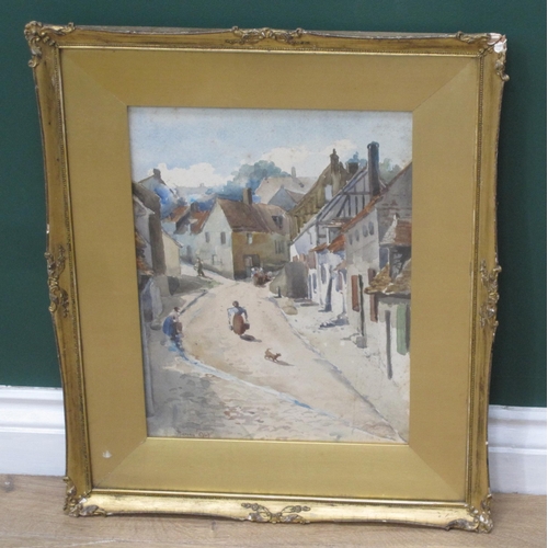 411 - HARVEY. A street scene with figures, signed and dated 99, watercolour, 14 x 12in; a sampler (faded) ... 