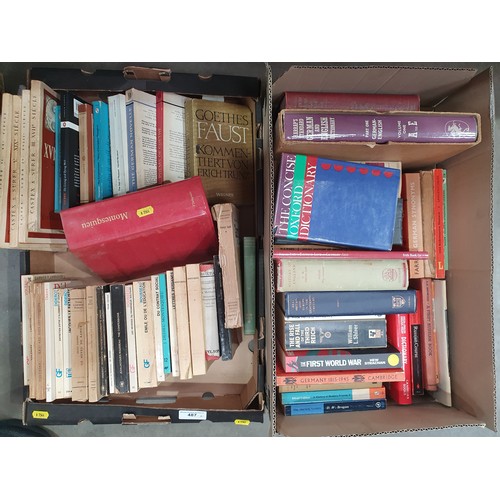 327 - Two Boxes of Books including, Voltaire, Rousseau, Montesquieu, Dictionaries etc