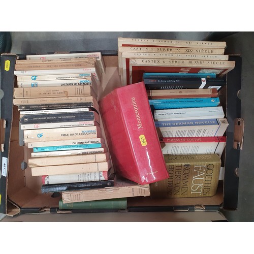 327 - Two Boxes of Books including, Voltaire, Rousseau, Montesquieu, Dictionaries etc