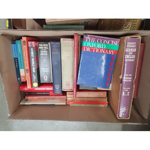 327 - Two Boxes of Books including, Voltaire, Rousseau, Montesquieu, Dictionaries etc