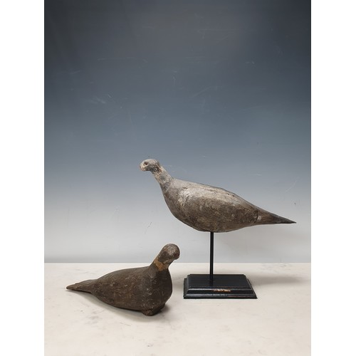 15 - Two naïve and primitive painted wooden Folk Art Pigeon Decoys one on stand, A/F.