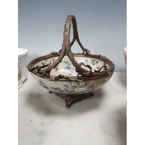 13 - A floral patterned Basket with gilt metal mounts, 8in W, a porcelain Comport of octagonal form decor... 