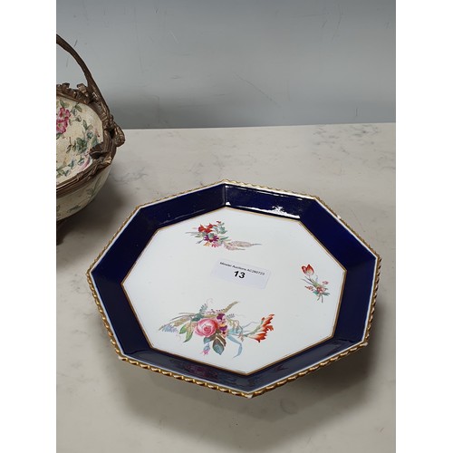 13 - A floral patterned Basket with gilt metal mounts, 8in W, a porcelain Comport of octagonal form decor... 