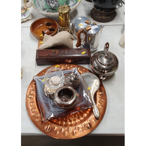 386A - An embossed copper Tray, a silver backed Mirror, a lacquered Box, silver luster Teaware, a Picquot w... 