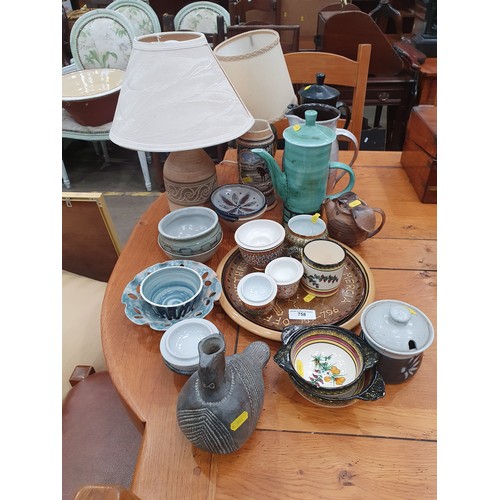 758 - A collection of Pottery including Table Lamps, failed PAT, Coffee Pots, Jug, etc