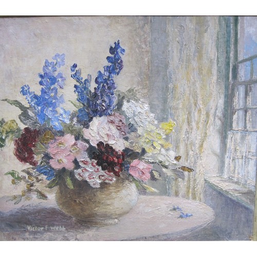 462 - VICTOR F. WEBB. 'Flowers and Sunlight', signed, with artist's label on the reverse, oil on board, 16... 