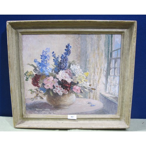 462 - VICTOR F. WEBB. 'Flowers and Sunlight', signed, with artist's label on the reverse, oil on board, 16... 