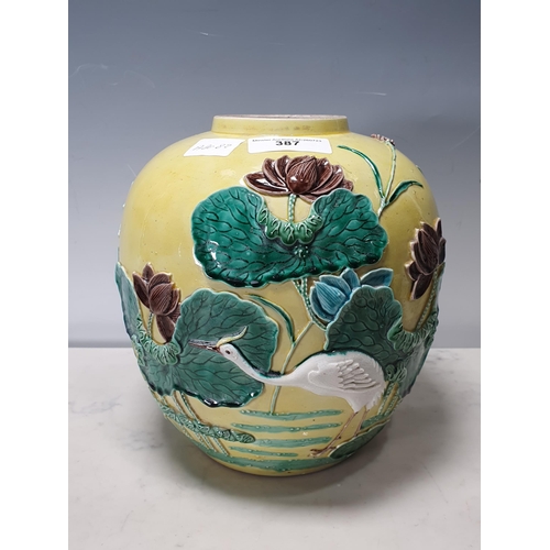 387 - A Chinese Ginger Jar decorated decorated storks and leaves on a yellow ground, 8 1/2in H, an Ellagra... 