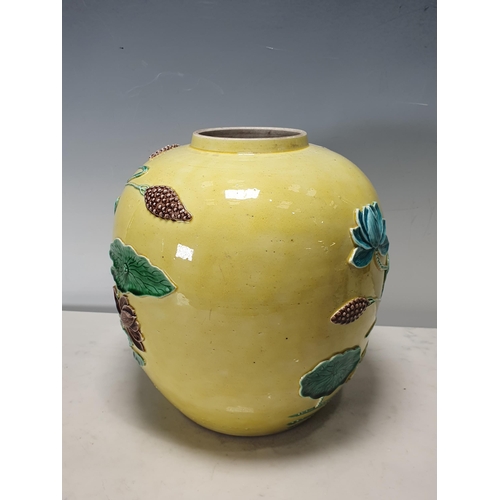 387 - A Chinese Ginger Jar decorated decorated storks and leaves on a yellow ground, 8 1/2in H, an Ellagra... 