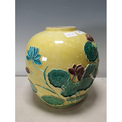 387 - A Chinese Ginger Jar decorated decorated storks and leaves on a yellow ground, 8 1/2in H, an Ellagra... 