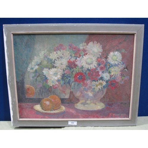 444 - MURIEL HARE. A still life of flowers in a vase on a table top, signed, oil on canvas board, 18 x 24i... 